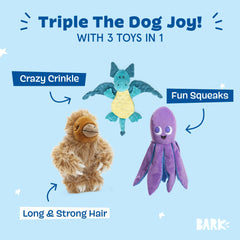 Gordon le paresseux géant de BarkBox, squeaker jumbo pour sessions prolongées.