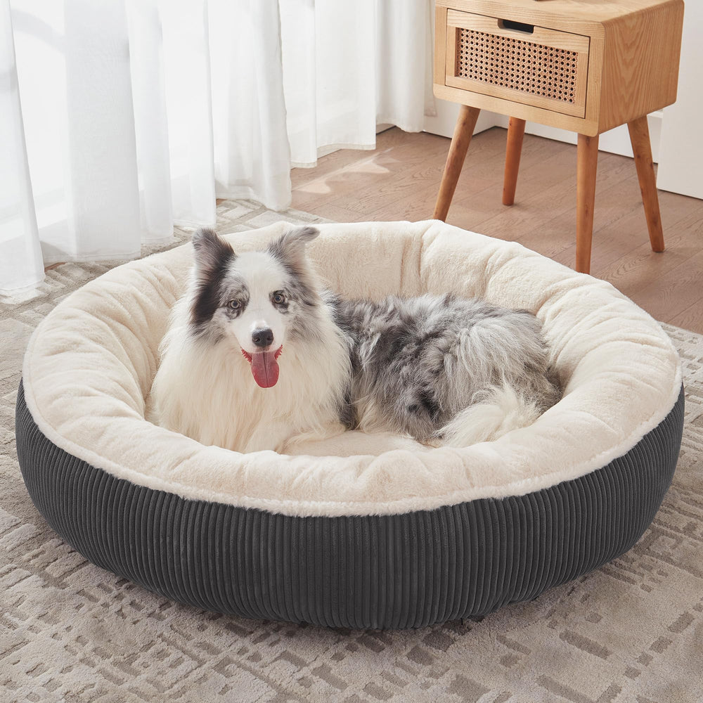 BedStill Donut pour chien XL sur sol gris foncé, confort enveloppant.