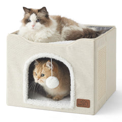 Bedsure, cave pour chat, refuge intime et confortable en couleur ivoire.