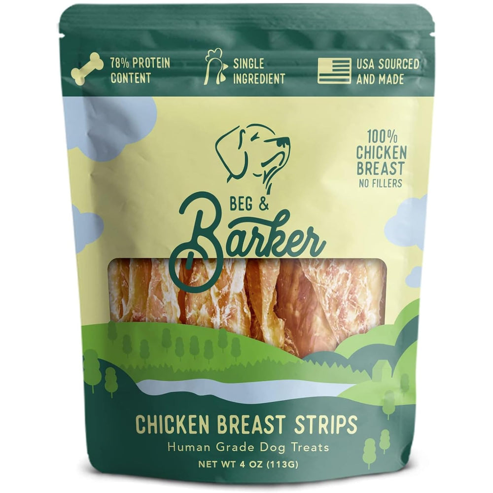 Beg & Barker jerky poulet chien, sachet 4oz – énergie naturelle et protéines élevées.