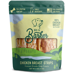 Beg & Barker jerky poulet chien, sachet 4oz – énergie naturelle et protéines élevées.