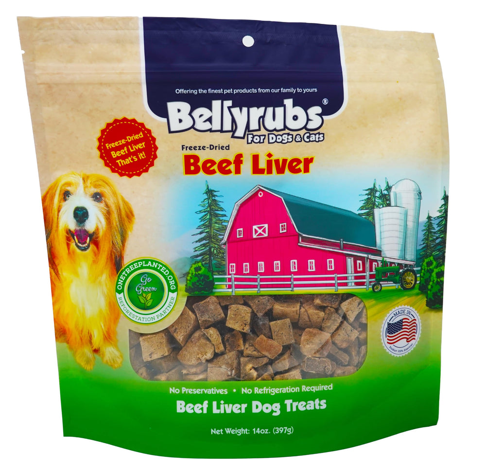 Sachet Bellyrubs de foie de boeuf séché, pratique et portable.