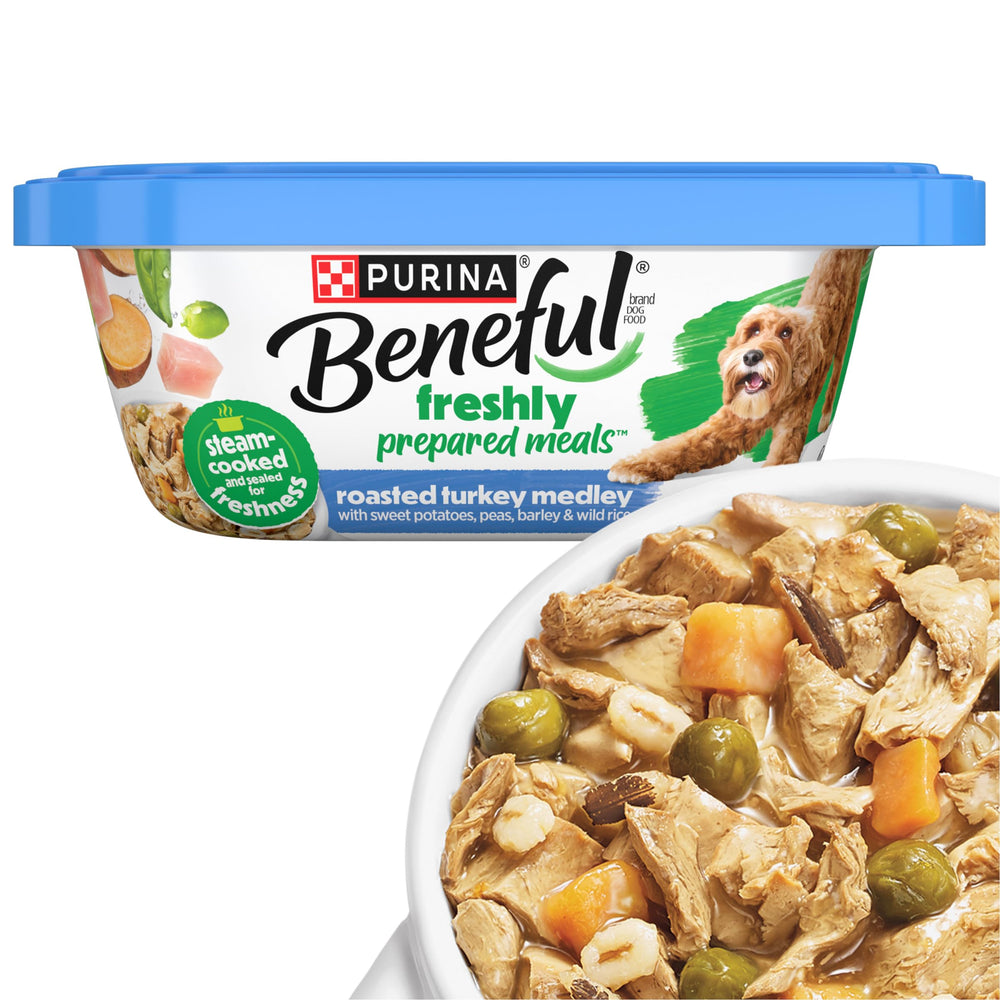 Beneful dinde rotie, morceaux dans sauce, portion pratique et appétissante.