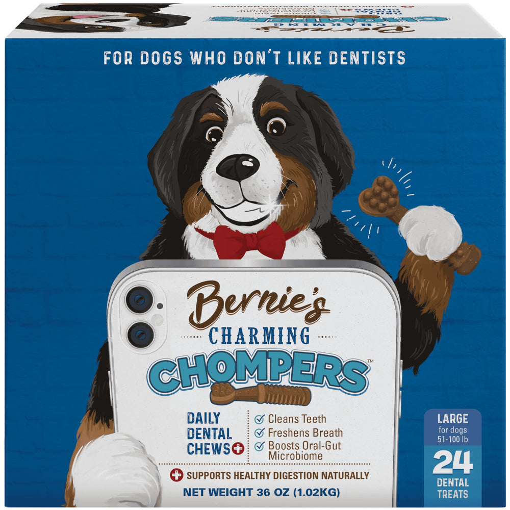 Emballage Bernie's Charming Chompers montrant le pack de 24 bouchées pour chiens.