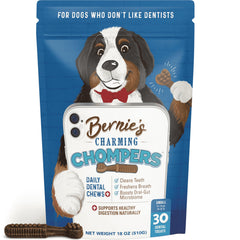 Emballage pratique de Bernie's Charming Chompers, prêt à l’emploi pour l’hygiène dentaire canine.