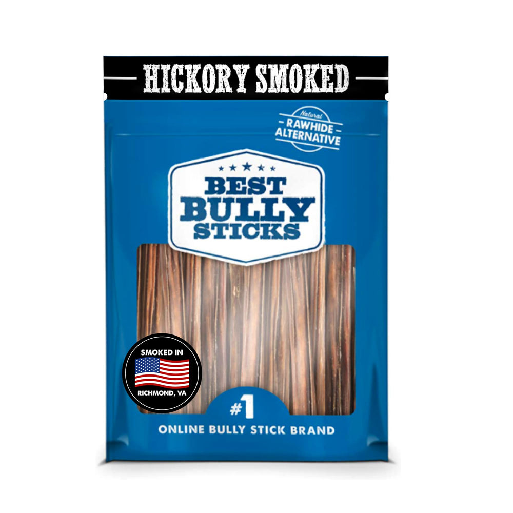 Best Bully Sticks tranche mince 6 pouces fumée hickory, arôme irrésistible pour chien.