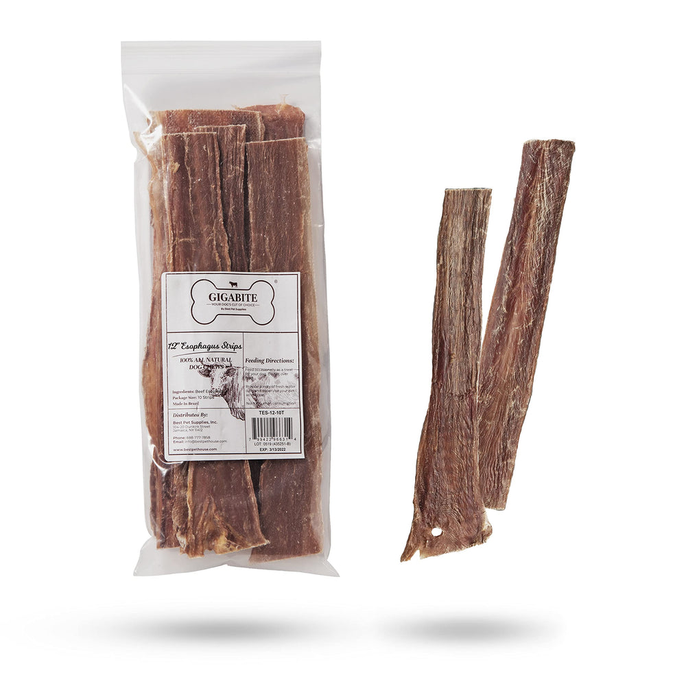Friandise GigaBite oesophage boeuf 10 pouces, récompense protéinée pour chiens.