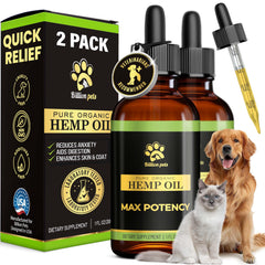 Huile de chanvre Billion Pets en flacon avec pipette, administration facile.