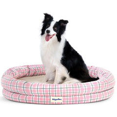Lit orthopédique bilypaws pour gros chien, plaid rose, soutien et confort durable.