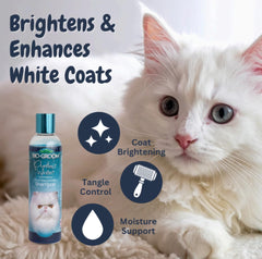 Bio-Groom Shampoing Chat Blanc : mousse crémeuse pour pelage soyeux.