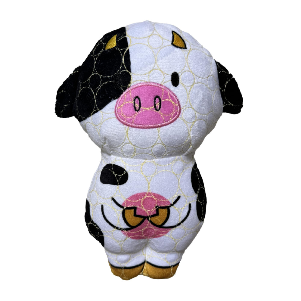 Jouet Bite Force en forme de vache, sifflet, blanc et rose, pour chiens actifs.
