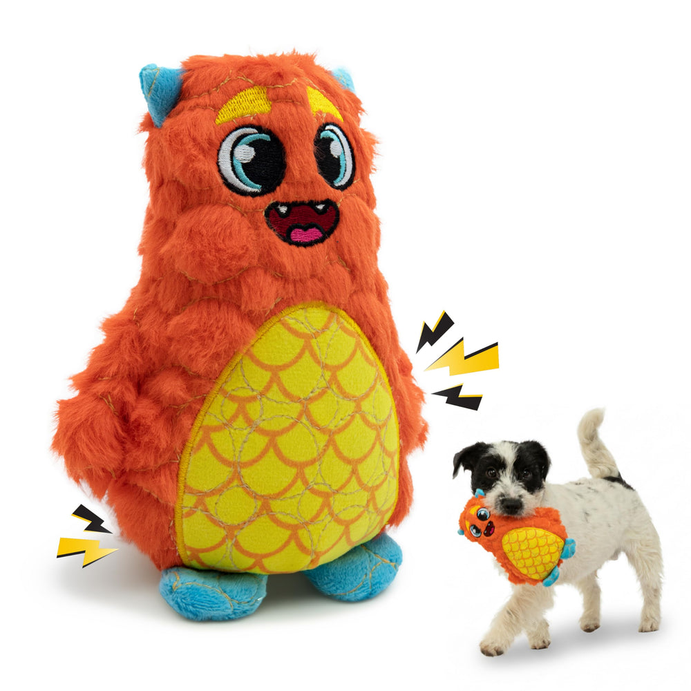 Bite Force jouet durable monstre orange avec sifflet pour mâcheurs agressifs.