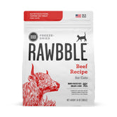 BIXBI RAWBBLE emballage et bouchées lyophilisées au boeuf pour chat, protéine élevée.