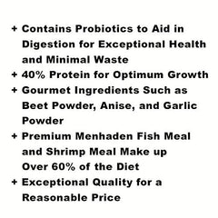 Composition Blackwater Gold-N à 60% poisson menhaden, crevettes et farine de blé pour nutrition riche.