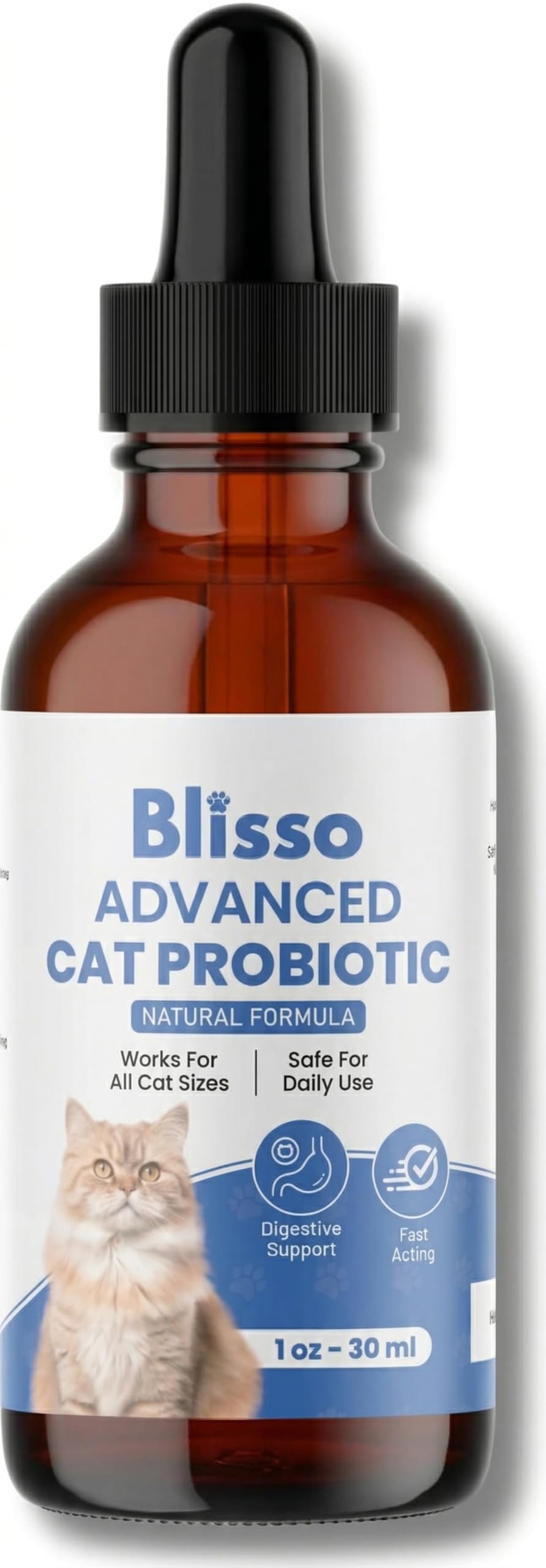 Blisso Pet Probiotiques Chat – gouttes digestives dans un flacon, soutien digestif quotidien.