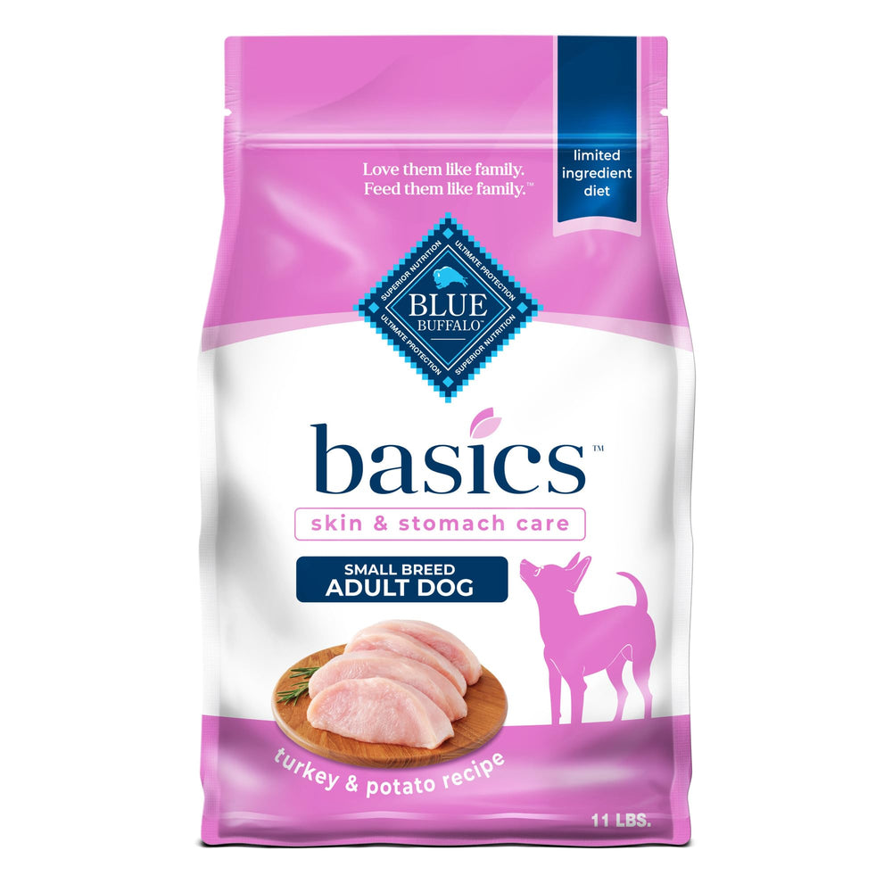 Blue Buffalo Basics croquettes dinde-patate, premier ingrédient protéique pour petites races.