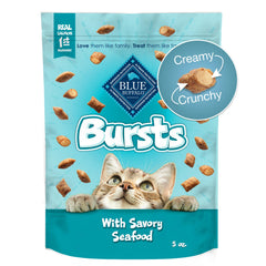 Blue Buffalo Bursts emballage fruits de mer, friandise savoureuse pour chats.
