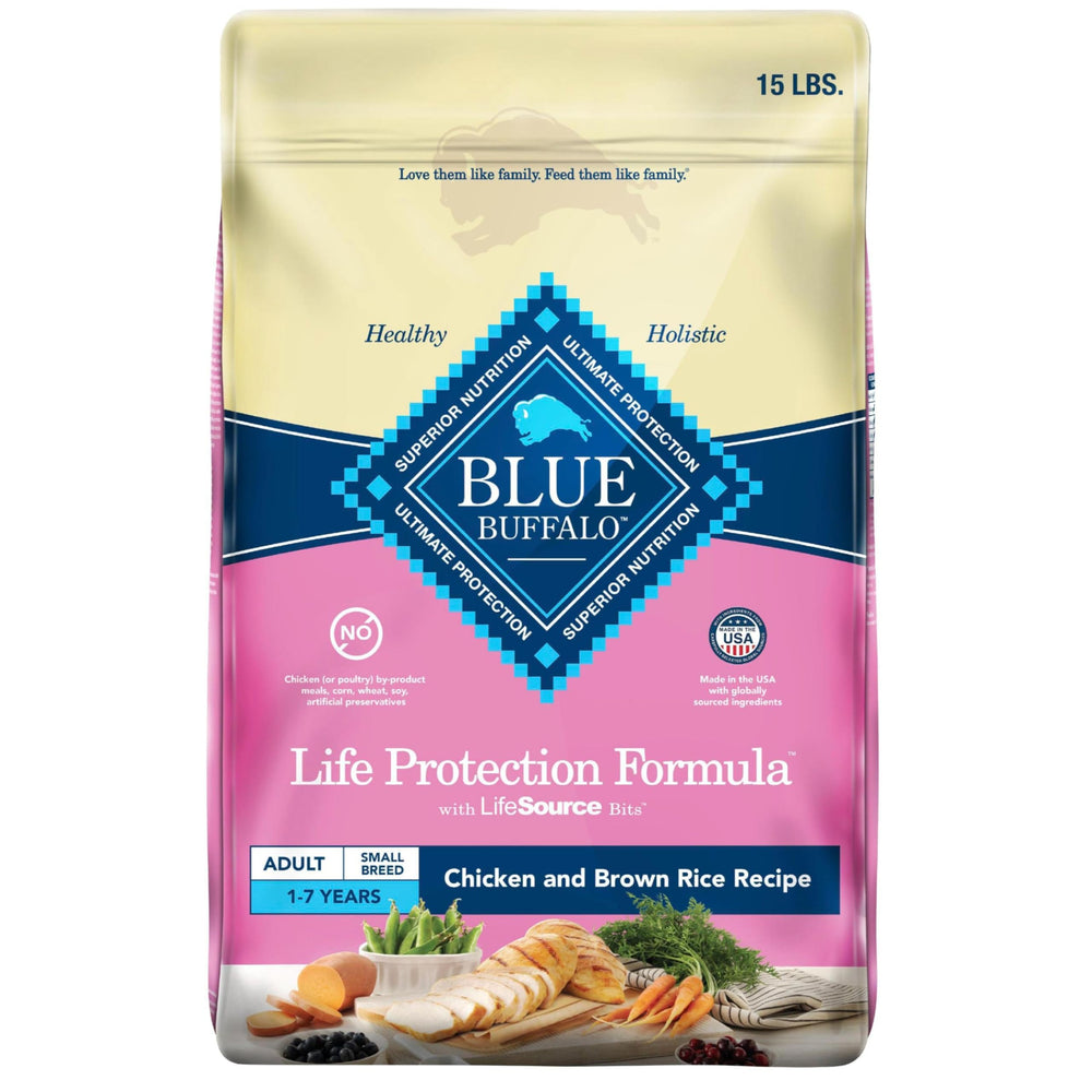 Blue Buffalo croquettes petit chien poulet et riz brun, énergie soutenue.