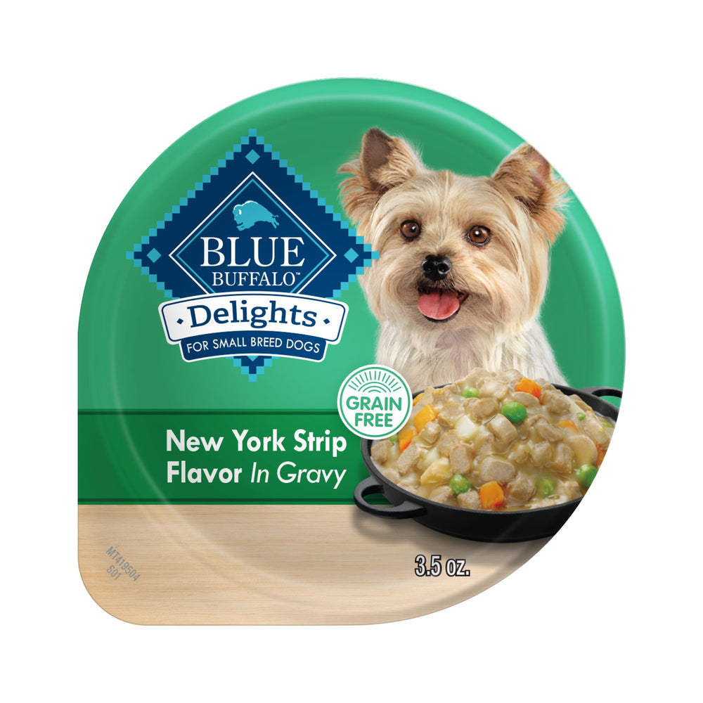 Blue Buffalo Delights avec boeuf premier ingrédient, repas appétissant pour petit chien.