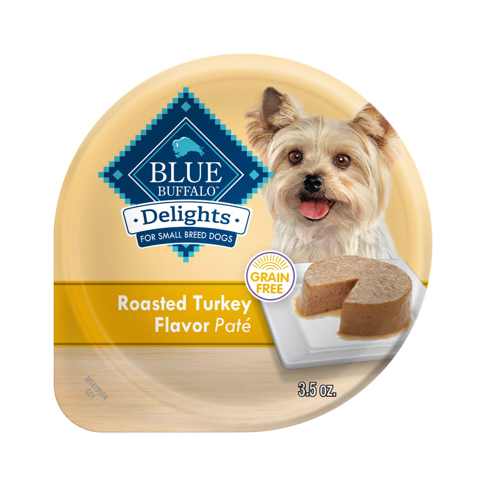Blue Buffalo Delights pate-dinde-premier-ingrédient, texture onctueuse adaptée aux petits chiens.