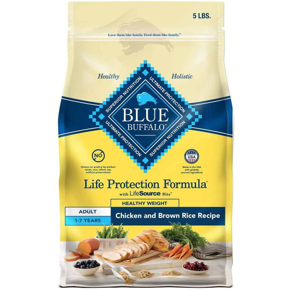 Blue Buffalo Life Protection Formule: croquettes poulet et riz dans bol, soutien poids sain.
