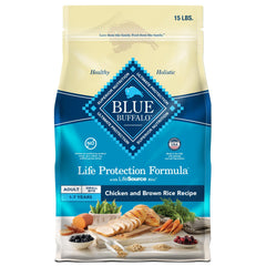 Blue Buffalo Life Protection Petites bouchées poulet et riz, croquettes faciles à mâcher pour chien adulte.