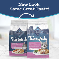 Croquettes sensibles Blue Buffalo Tastefuls soutenant la digestion avec prébiotiques.