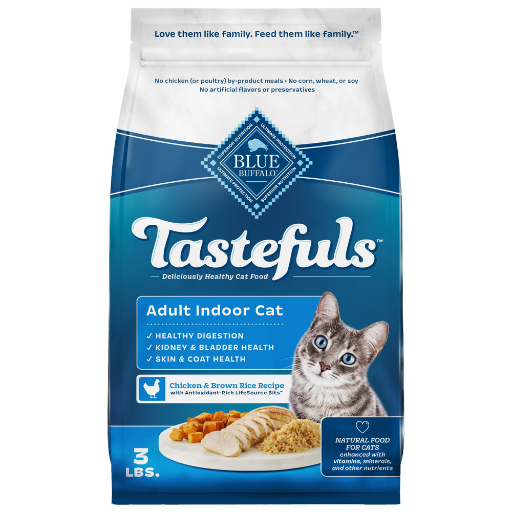 Blue Buffalo Tastefuls Indoor poulet et riz brun dans le sac 3lb pour chats adultes.