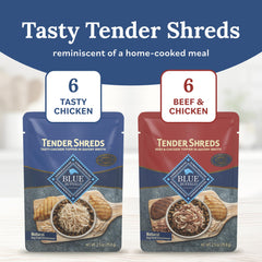Blue Buffalo Tender Shreds – morceaux boeuf et poulet, bouillon savoureux pour un dîner appétissant.