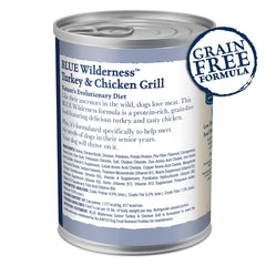 Blue Buffalo Wilderness pour chiens âgés : plat humide sans céréales, digestion facilitée.