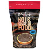 Blue Ridge Koi Food emballage avec pellets flottants, alimentation pratique pour koï et goldfish.
