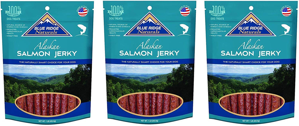 Blue Ridge Naturals emballage saumon jerky, friandise riche en oméga pour chiens.
