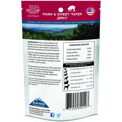 Blue Ridge Naturals jerky porc patate douce, portion pratique pour les friandises quotidiennes.