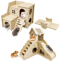 BNOSDM Maison hamster bois double niveau, espace sûr pour se cacher et explorer.