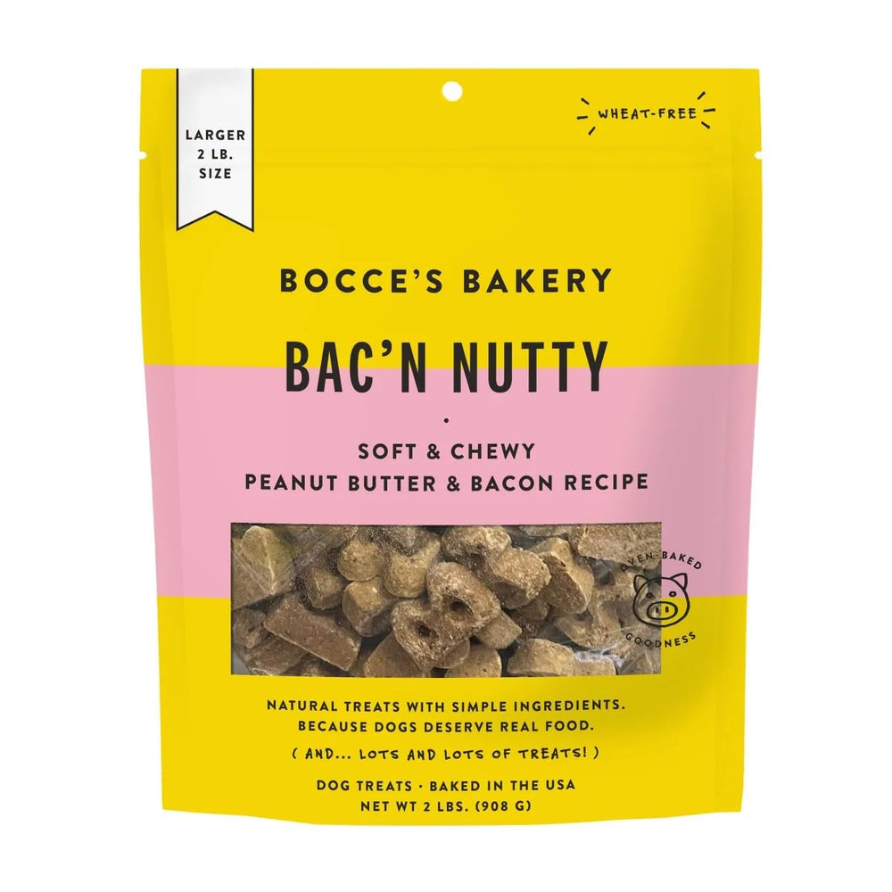 Bocce's Bakery Bac' N Nutty emballage visible, friandises sans blé pour récompenser les entraînements.