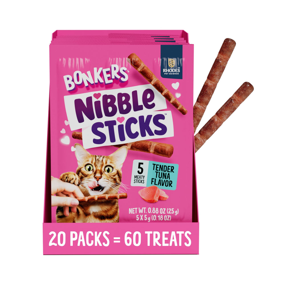 Emballage Bonkers Nibble Sticks au thon, pratique et clair.