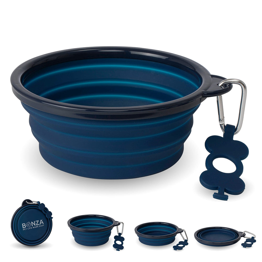 Bonza gamelle eau chien pliable bleu marine, pratique pour voyages et randonnées.