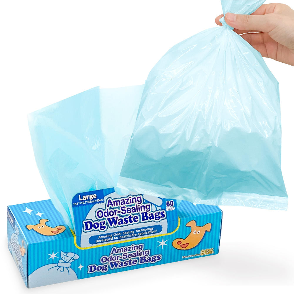 Sacs BOS anti-odeur bleu clair emballage compact, usage pratique.