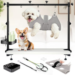 Bras de toilettage pour chien sur table ajustable facilitant les séances.