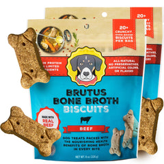 Brutus Bone Broth Biscuits montre le paquet-8oz, collation savoureuse et protéinée pour chiens.