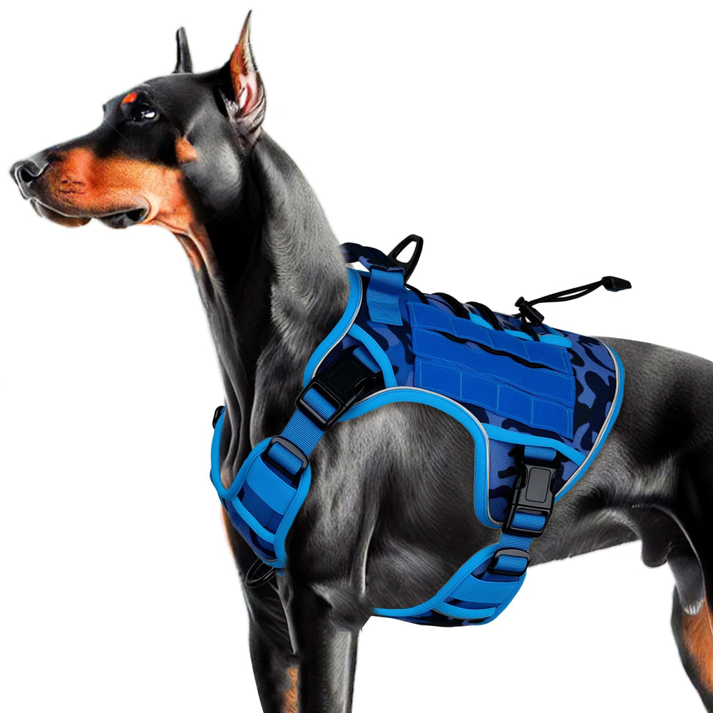 Harnais Bruvoalon bleu camouflage pour chien grand, sécurité nocturne grâce à bordure réfléchissante.