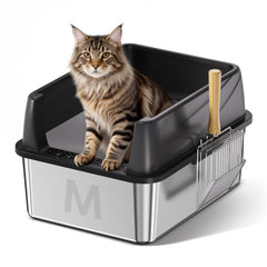 Bsemax litière en inox avec couvercle, durable et facile à nettoyer.