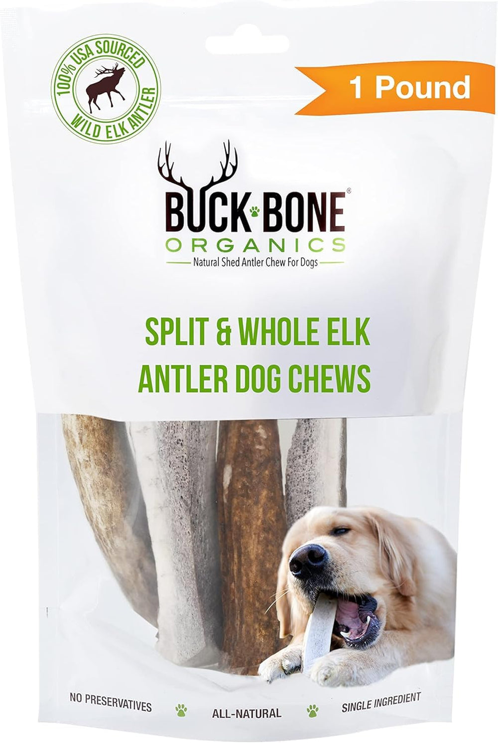 Buck Bone Organics présente l’emballage des cornes d’élan pour chiens, durables et naturelles.