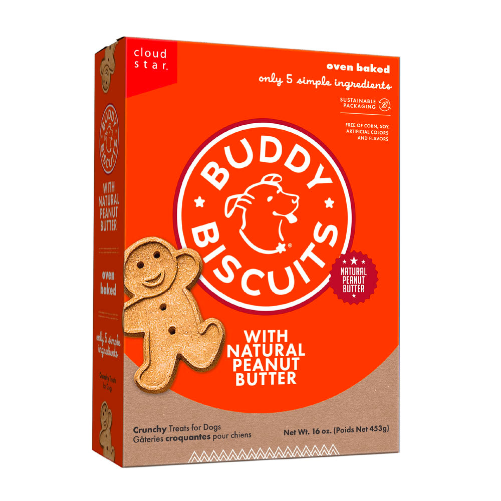 Buddy Biscuits : boîte 450 g au beurre de cacahuète, snack savoureux pour chiens.