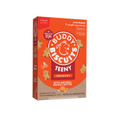 Buddy Biscuits montre la boîte 8oz et des biscuits croquants pour petits chiens.