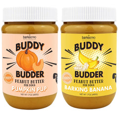 BUDDY BUDDER Barkin Banana Pumpkin Pup: ensemble de deux pots 17oz, pratique pour l'alimentation canine.