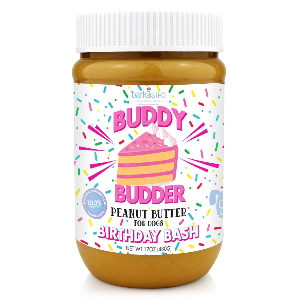 Pot de pâte d'arachide Buddy Budder Birthday Bash prêt à partager avec votre chien.