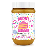 Pot de pâte d'arachide Buddy Budder Birthday Bash prêt à partager avec votre chien.