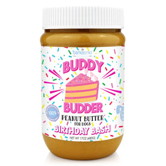 Pot de pâte d'arachide Buddy Budder Birthday Bash prêt à partager avec votre chien.