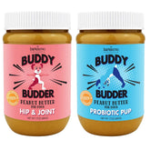 Buddy Budder Bow-Wow Blueberry : bocal bleu, probiotiques pour chiens, soutien digestif potentiel.